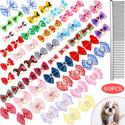 60 Piezas de Arcos de Pelo de Perro con Bandas de Goma Lazos de Pelo de Perro de Diseño Múltiple Arco Lindo Colorido Tocados de Pares de Diamantes Perla Flor Falso de Perro con Peine para Mascotas