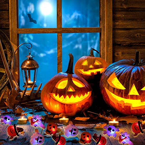 60 Piezas Decoraciones de Anillos de Flash LED Favores de Fiesta de Halloween Anillos de Goma de Dedo de Flash en Formas Varias de Calabaza Esqueleto Araña Elfos