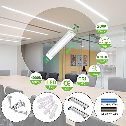 60cm LED Tubo Fluorescente 20W, bapro Luminaria Tubo LED Integrado 6500K Pantalla Led Cocina 2000LM Regleta Led Slim para Armarios, Cabinetes, Cocina y Oficina [Eficiencia Energética A++]