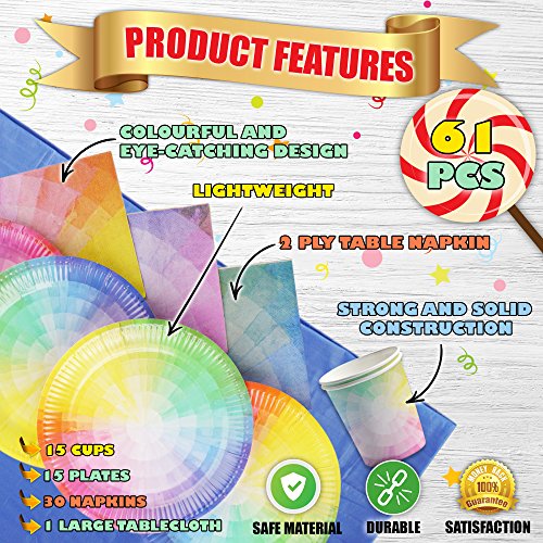 61 Piezas Vajilla Desechable, Artículos de Fiesta Cumpleaños para Niños, Arcoiris Colorido| Resistente y Duradero - 15 Platos de Papel, 15 Vasos, 30 Servilletas, 1 Mantel Grande.
