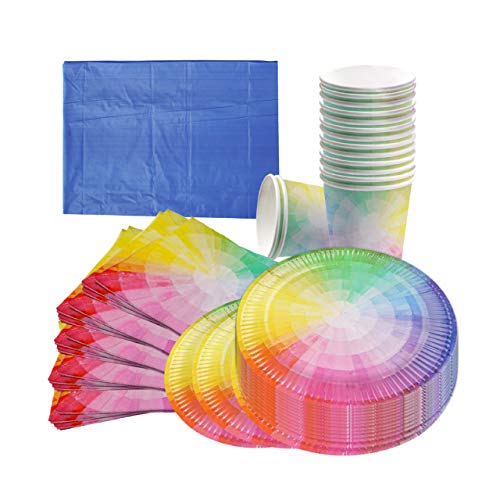 61 Piezas Vajilla Desechable, Artículos de Fiesta Cumpleaños para Niños, Arcoiris Colorido| Resistente y Duradero - 15 Platos de Papel, 15 Vasos, 30 Servilletas, 1 Mantel Grande.