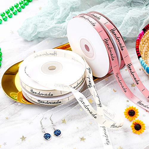 7 Rollos Cintas de Raso Decorativa Cinta de Poliéster Estampada a Mano para Embalaje de Paquete de Regalo, Rosa y Beige, 25 Yardas Cada Rollo