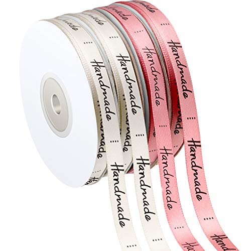 7 Rollos Cintas de Raso Decorativa Cinta de Poliéster Estampada a Mano para Embalaje de Paquete de Regalo, Rosa y Beige, 25 Yardas Cada Rollo