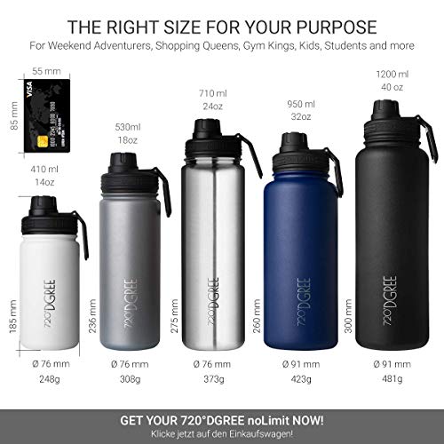 720°DGREE Botella Agua Termo Acero Inoxidable “noLimit“ – 950ml - Sin BPA Free, Antigoteo y Prueba de Fugas - Frasco térmico, Cantimplora Aislada Bebida Caliente Frío con Gas +Cubierta Deporte Gratis
