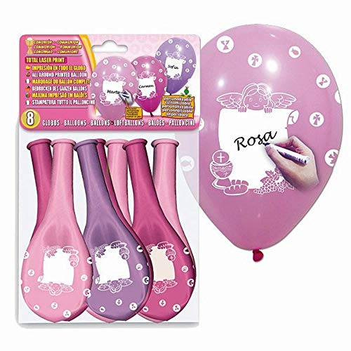 8 GLOBOS COMUNIÓN NIÑA ROSADOS PERSONALIZABLES Ø29X36 CM