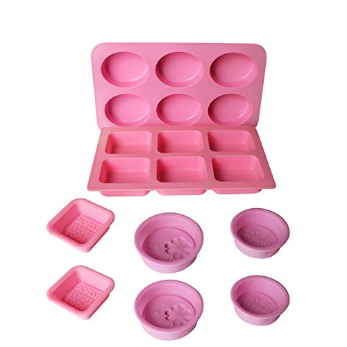 8 Pcs Jabon Silicona que Hace Moldes - 18 Unidades, Cuadrado, Redondo, Ovalado, Hecho a Mano Forma - Mollete Moldeo para Hornear, Moldes de Caramelo para Bricolaje, Artesanía (Rosa)