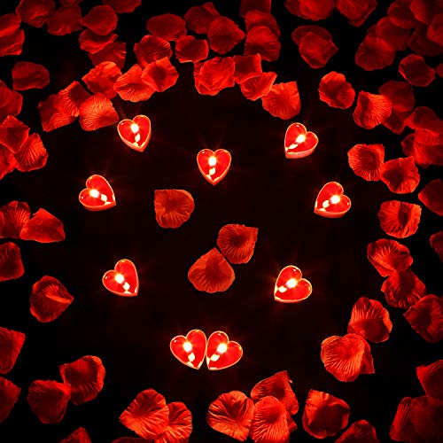 9 Paquetes Velas en Formas de Corazón Vela de Amor Romántico Velas Candelita con 200 Piezas Pétalos de Rosa de Seda Pétalos Dispersos de Niña para Decoración Boda Pastel San Valentín Cena