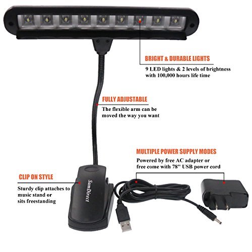 9LED Lámparas de Lectura para Libro, Sumdirect LED Luz de Piano con Clips Flexible Lámpara de Escritorio para Orquesta Soporte de Música