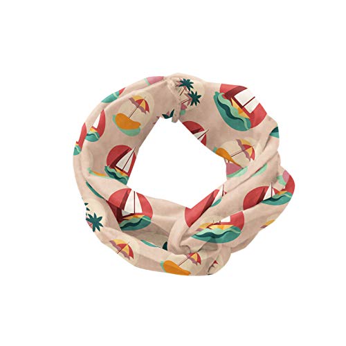 ABAKUHAUS Diadame Playa gráfico, Banda Elástica y Suave para Mujer para Deportes y Uso Diario Repetitivo Verano Modelo náutico del barco de vela con las palmas y el parasol, Pale melocotón multicolor