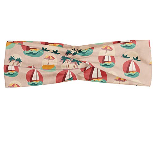 ABAKUHAUS Diadame Playa gráfico, Banda Elástica y Suave para Mujer para Deportes y Uso Diario Repetitivo Verano Modelo náutico del barco de vela con las palmas y el parasol, Pale melocotón multicolor