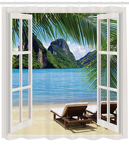 ABAKUHAUS Inicio náutica Cortina de Baño, Palmas de Las Manos y el Océano Verano, Material Resistente al Agua Durable Estampa Digital, 175 x 200 cm, Verde Azul y Blanco