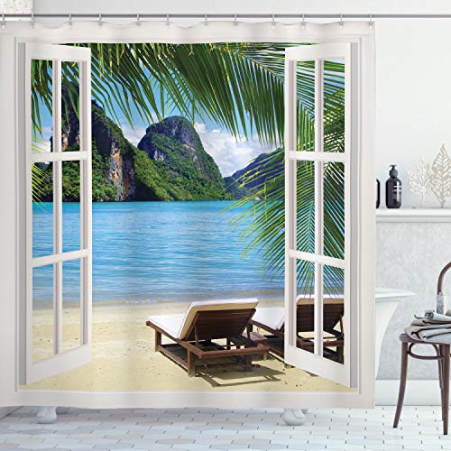 ABAKUHAUS Inicio náutica Cortina de Baño, Palmas de Las Manos y el Océano Verano, Material Resistente al Agua Durable Estampa Digital, 175 x 200 cm, Verde Azul y Blanco