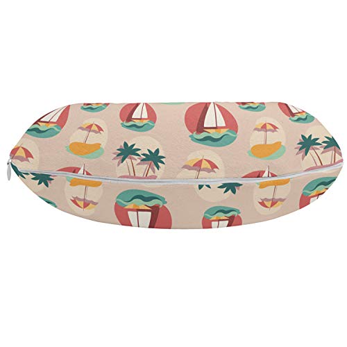 ABAKUHAUS Playa gráfico Cojín de Viaje para Soporte de Cuello, Velero Palma Parasol, Viajes Siestas Leer Mirar TV, 30x30 cm, Pale melocotón Multicolor