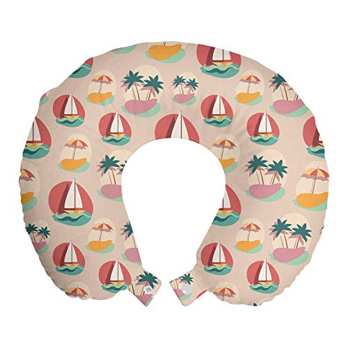 ABAKUHAUS Playa gráfico Cojín de Viaje para Soporte de Cuello, Velero Palma Parasol, Viajes Siestas Leer Mirar TV, 30x30 cm, Pale melocotón Multicolor
