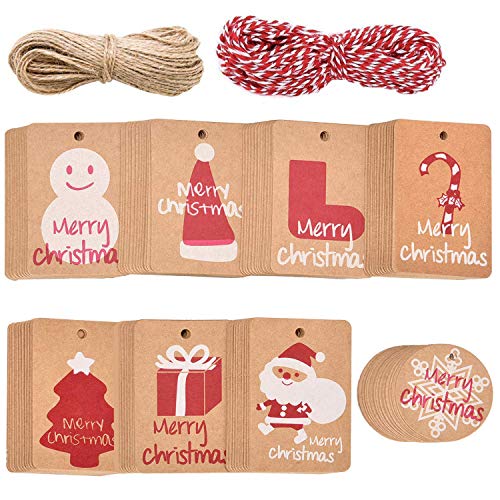ABOAT - Etiquetas para colgar con cuerda de 40 m, 160 unidades, papel kraft de Navidad, 8 diseños para Navidad, fiesta, boda, vacaciones, suministros