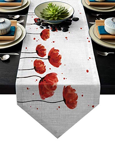 Abows-Shop Pañuelos de Lino de arpillera con Camino de Mesa, Corredores de Mesa de Cocina de Flor de Amapola Retro de Acuarela para cenas, Fiestas, Bodas, Eventos, decoración - 13 x 90 Pulgadas