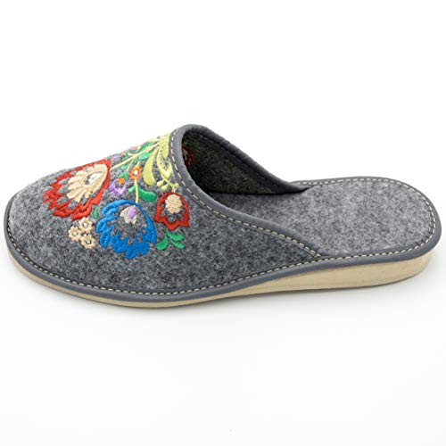 Absoft - Pantuflas para mujer de 100 % fieltro con bordado floral, color Gris, talla 42 EU