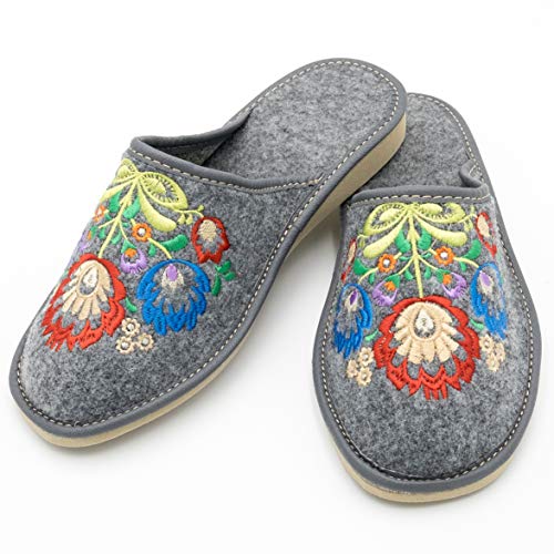 Absoft - Pantuflas para mujer de 100 % fieltro con bordado floral, color Gris, talla 42 EU