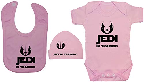 Acce Products Jedi en el Entrenamiento Bodysuit/Mameluco del bebé, alimentando el Babero y el Sombrero/la Gorrita Tejida - 0-3 Meses - Color de Rosa