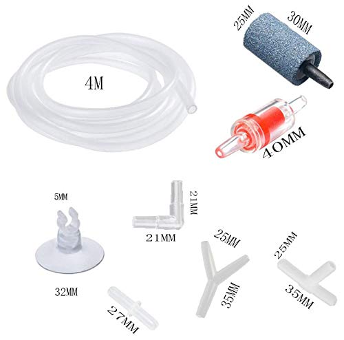 Accesorios de bomba de aire para tanque acuario 34 PCS, 4 m Acuario Tubo, 2 piedras de aire acuario, 2 válvulas de retención y 24 conectores, 6 ventosas, aerolínea bomba de aire estándar de acuario