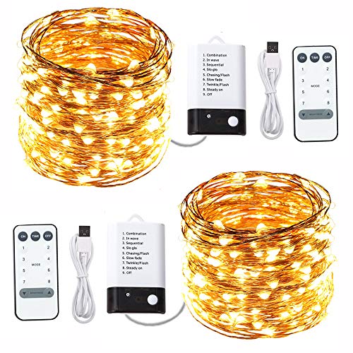 ACDE 2 Pack Guirnaldas Luminosas 10 Metros 100 LED Alimentado por USB/con pilas 2 Modos, Impermeable Alambre de Cobre Cadena Luces con Control Remoto Temporizador-Amarillo Cálido