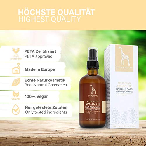 Aceite de Argán BIO - 100% PURO - PRENSADO EN FRIO - VEGANO - Nueces de Argán Recogidas a Mano - 100ml de Producto Natural Clásico para Cabello, Piel y Uñas