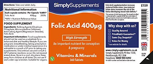 Ácido Fólico (Vitamina B9) 400mcg - ¡Bote para 1 año! - Apto para veganos - 360 Comprimidos - SimplySupplements