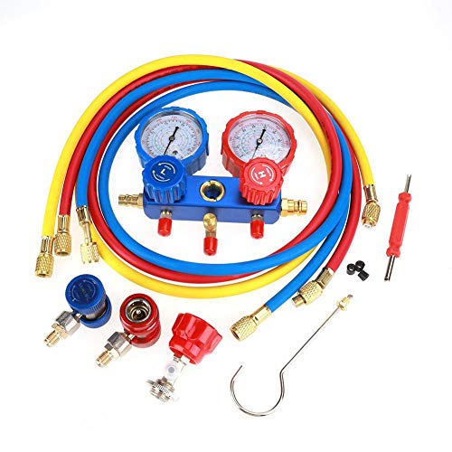 Adapta al R134a Conjunto de medidor de refrigerante de aire acondicionado con 1,5 m de mangueras de carga, adaptador de presión, adaptador, caja de almacenamiento y etc. manómetro del colector r134a