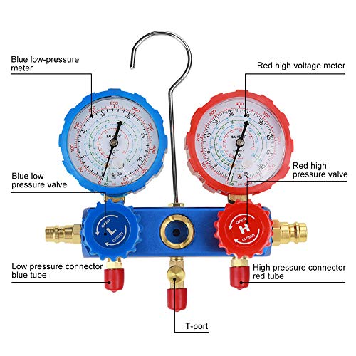 Adapta al R134a Conjunto de medidor de refrigerante de aire acondicionado con 1,5 m de mangueras de carga, adaptador de presión, adaptador, caja de almacenamiento y etc. manómetro del colector r134a