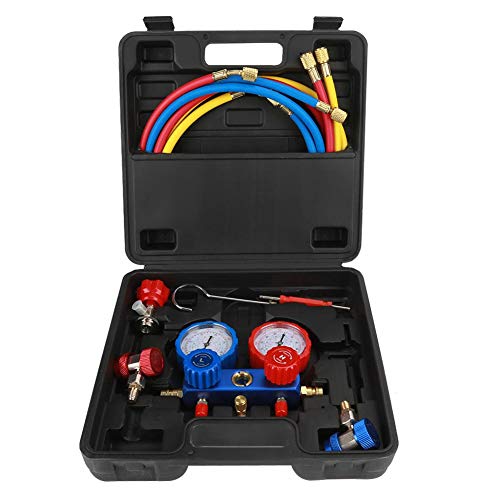 Adapta al R134a Conjunto de medidor de refrigerante de aire acondicionado con 1,5 m de mangueras de carga, adaptador de presión, adaptador, caja de almacenamiento y etc. manómetro del colector r134a