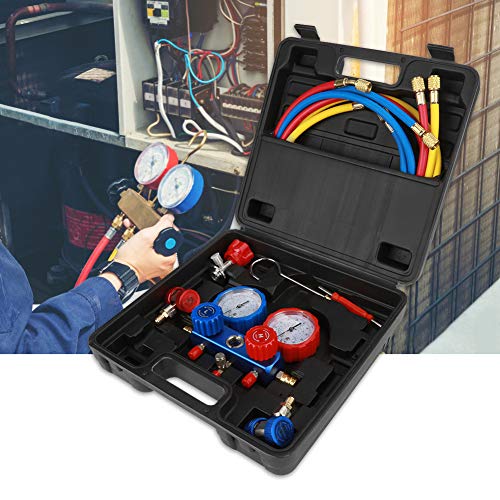Adapta al R134a Conjunto de medidor de refrigerante de aire acondicionado con 1,5 m de mangueras de carga, adaptador de presión, adaptador, caja de almacenamiento y etc. manómetro del colector r134a