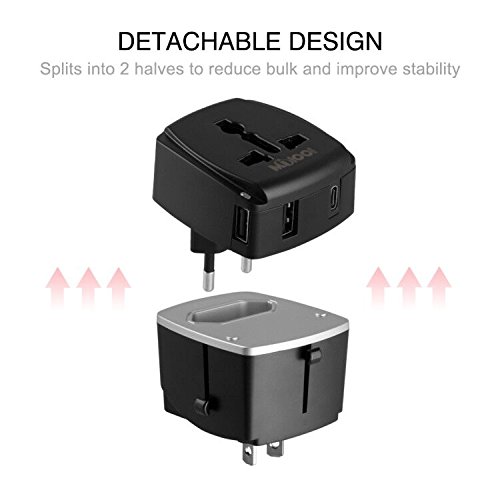 Adaptador de viaje, MiloolCargador 3 Puertos USB Y Tipo-C , Adaptador Enchufe Universal Con Fusible de Corriente 8A y 3A para EU, USA, AU, Ingles, AUS y más de 150 países (negro)
