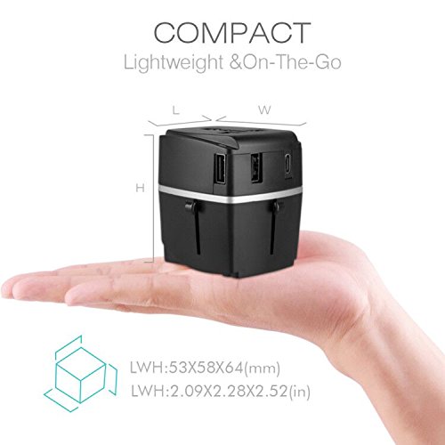 Adaptador de viaje, MiloolCargador 3 Puertos USB Y Tipo-C , Adaptador Enchufe Universal Con Fusible de Corriente 8A y 3A para EU, USA, AU, Ingles, AUS y más de 150 países (negro)