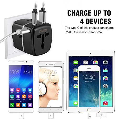 Adaptador de viaje, MiloolCargador 3 Puertos USB Y Tipo-C , Adaptador Enchufe Universal Con Fusible de Corriente 8A y 3A para EU, USA, AU, Ingles, AUS y más de 150 países (negro)