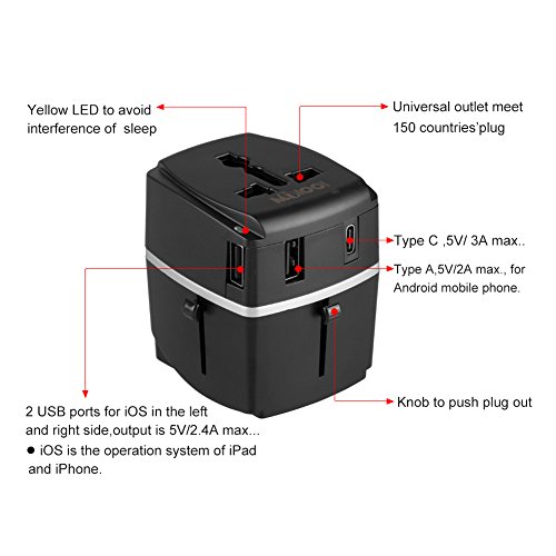 Adaptador de viaje, MiloolCargador 3 Puertos USB Y Tipo-C , Adaptador Enchufe Universal Con Fusible de Corriente 8A y 3A para EU, USA, AU, Ingles, AUS y más de 150 países (negro)
