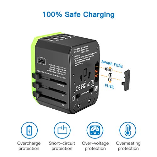 Adaptador de Viaje Universal, Adaptador de Corriente Internacional Todo en Uno Adaptador de Enchufe con 4xUSB 5.6A Máx, 1xCargador Tipo-C 3A para EU, UK, US, AU Más de 180 Países, MAX 1840W
