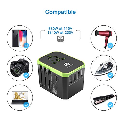 Adaptador de Viaje Universal, Adaptador de Corriente Internacional Todo en Uno Adaptador de Enchufe con 4xUSB 5.6A Máx, 1xCargador Tipo-C 3A para EU, UK, US, AU Más de 180 Países, MAX 1840W