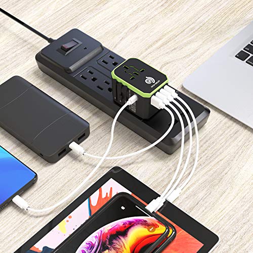 Adaptador de Viaje Universal, Adaptador de Corriente Internacional Todo en Uno Adaptador de Enchufe con 4xUSB 5.6A Máx, 1xCargador Tipo-C 3A para EU, UK, US, AU Más de 180 Países, MAX 1840W