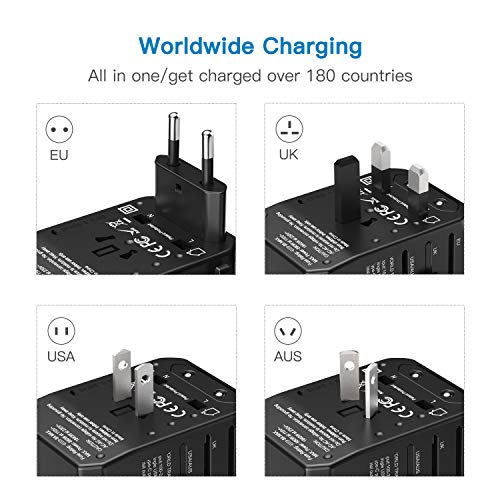 Adaptador de Viaje Universal, Adaptador de Corriente Internacional Todo en Uno Adaptador de Enchufe con 4xUSB 5.6A Máx, 1xCargador Tipo-C 3A para EU, UK, US, AU Más de 180 Países, MAX 1840W