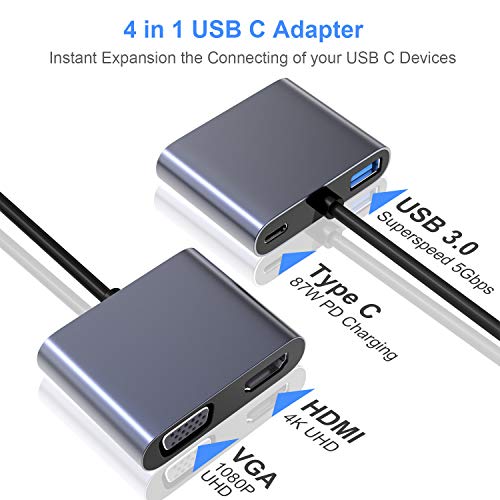 Adaptador USB C a VGA HDMI, ElecMoga 4 en 1 Tipo C a 4K HDMI/VGA/USB 3.0/USB C PD de Carga multipuerto Adaptador Compatible con MacBook Pro/Air, Nintendo, DELL, HP, Samsung S8/S9, Huawei P30 y más