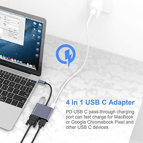 Adaptador USB C a VGA HDMI, ElecMoga 4 en 1 Tipo C a 4K HDMI/VGA/USB 3.0/USB C PD de Carga multipuerto Adaptador Compatible con MacBook Pro/Air, Nintendo, DELL, HP, Samsung S8/S9, Huawei P30 y más