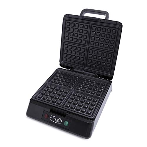 Adler AD3036 Gofrera Profesional para 4 Gofres, 1300W, Libre de BPA, 1300 W, 0 Decibelios, negro