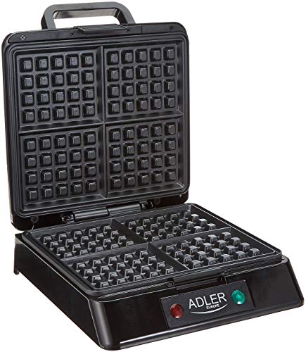 Adler AD3036 Gofrera Profesional para 4 Gofres, 1300W, Libre de BPA, 1300 W, 0 Decibelios, negro