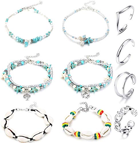 Adramata 10Pcs Anklets Toe Rings Set para Mujeres Playa Tobillera Pulsera Joyería Tobillera Set Ajustable Open Toe Ring