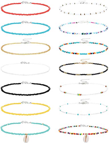 Adramata 14 Piezas Gargantilla con Cuentas de Semillas Vistoso Bohemio Gargantillas con Cuentas para Mujer Hecho a Mano Verano Hawaii Conjunto de Gargantilla con Cuentas Diminutas Ajustable