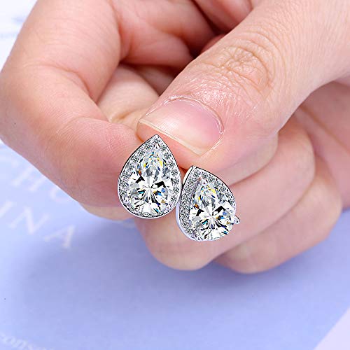 AdronQ Pendientes De Clip Aros Deslumbrante Gota De Agua Mosaico Cz Stud Pendientes 925 Pendientes De Boda De Cristal De Plata para Mujeres