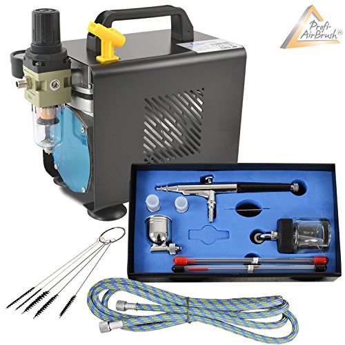 Aerógrafo profesional Ultimate II con compresor, muy silencioso, pistola de doble acción con 3 boquillas + agujas + taza de colores + vidrio, tubo de aire comprimido y juego de cepillos de limpieza