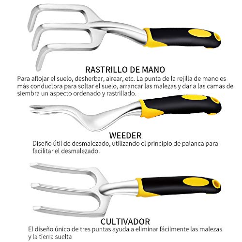 Afloia Juego Herramientas Jardín- Juego Jardinería Cabezales Aluminio Fundido Resistentes Mangos Ergonómicos con Weede/Paleta Mano/Trasplantadora/Rastrillo Mano/ 3-Tenedor (5PCS)