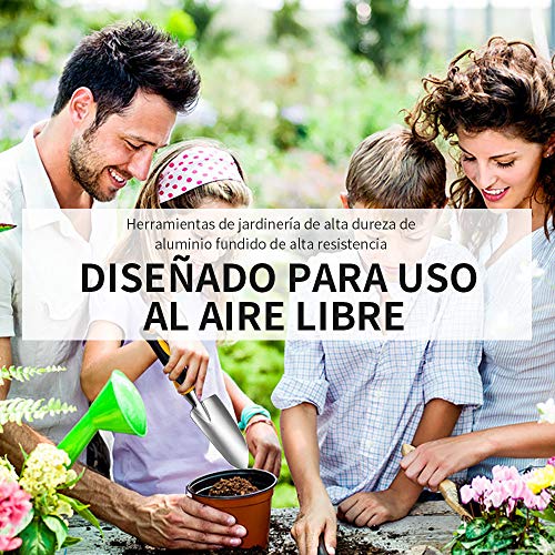 Afloia Juego Herramientas Jardín- Juego Jardinería Cabezales Aluminio Fundido Resistentes Mangos Ergonómicos con Weede/Paleta Mano/Trasplantadora/Rastrillo Mano/ 3-Tenedor (5PCS)
