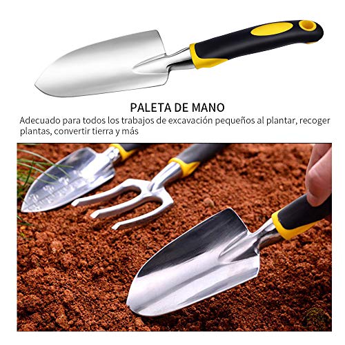 Afloia Juego Herramientas Jardín- Juego Jardinería Cabezales Aluminio Fundido Resistentes Mangos Ergonómicos con Weede/Paleta Mano/Trasplantadora/Rastrillo Mano/ 3-Tenedor (5PCS)